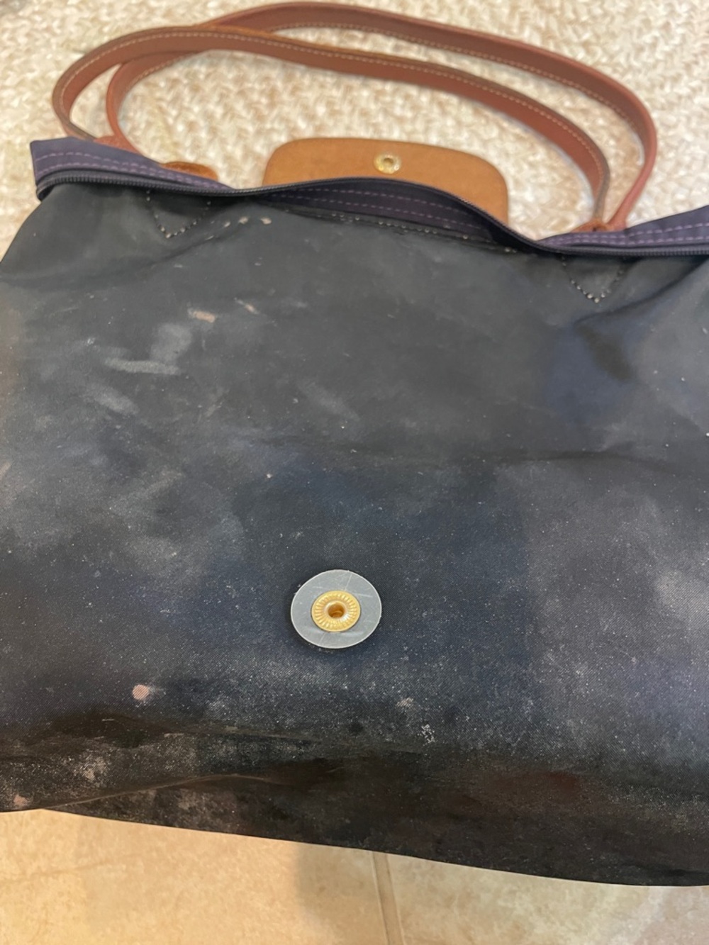 Long champ Navy Blue Tote Bag with Brown Trim - Classic Everyday Carry - Picture 8 of 9